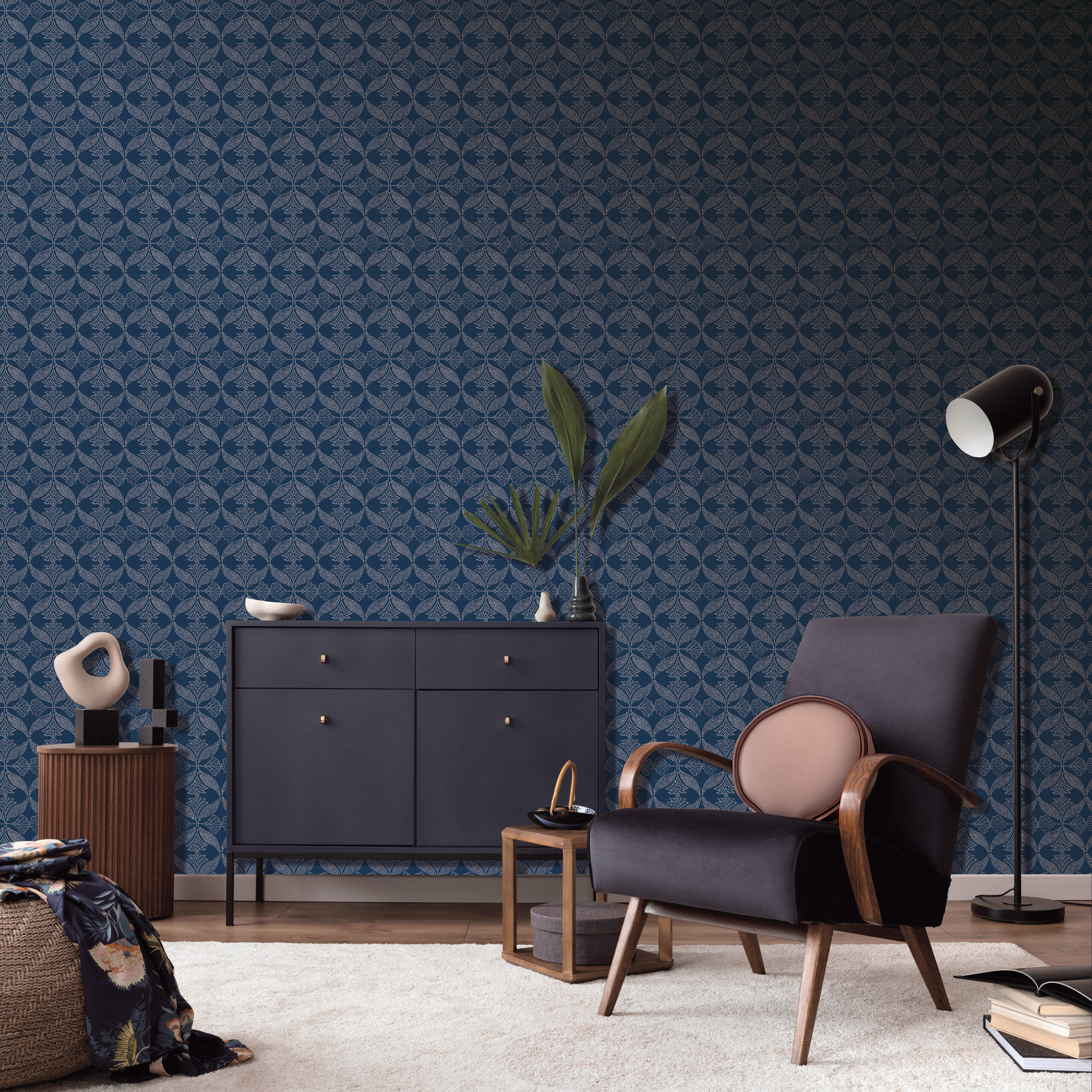 Art Deco style room featuring damask style deep blue refined pattern wallpaper