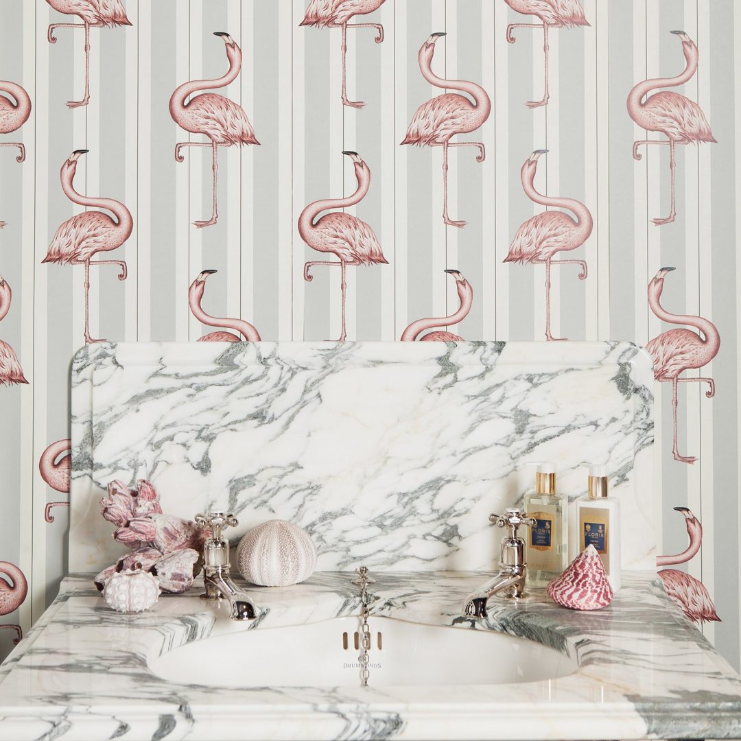 fun flamingo wallpaper on grey stripes