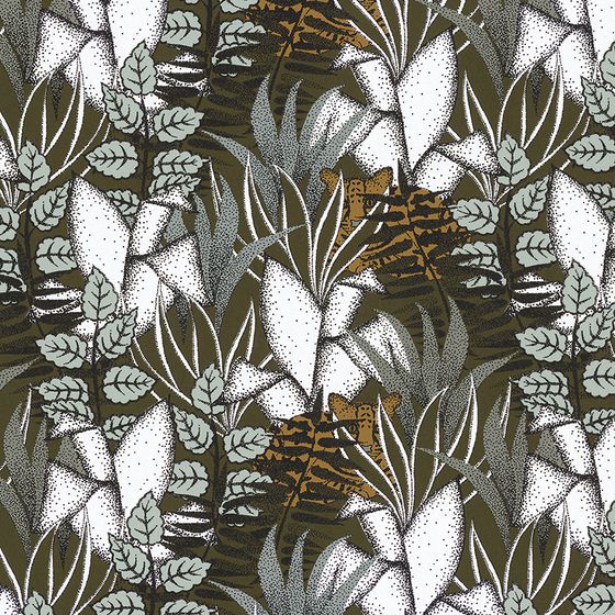green jungle foliage and tiger wallpaper