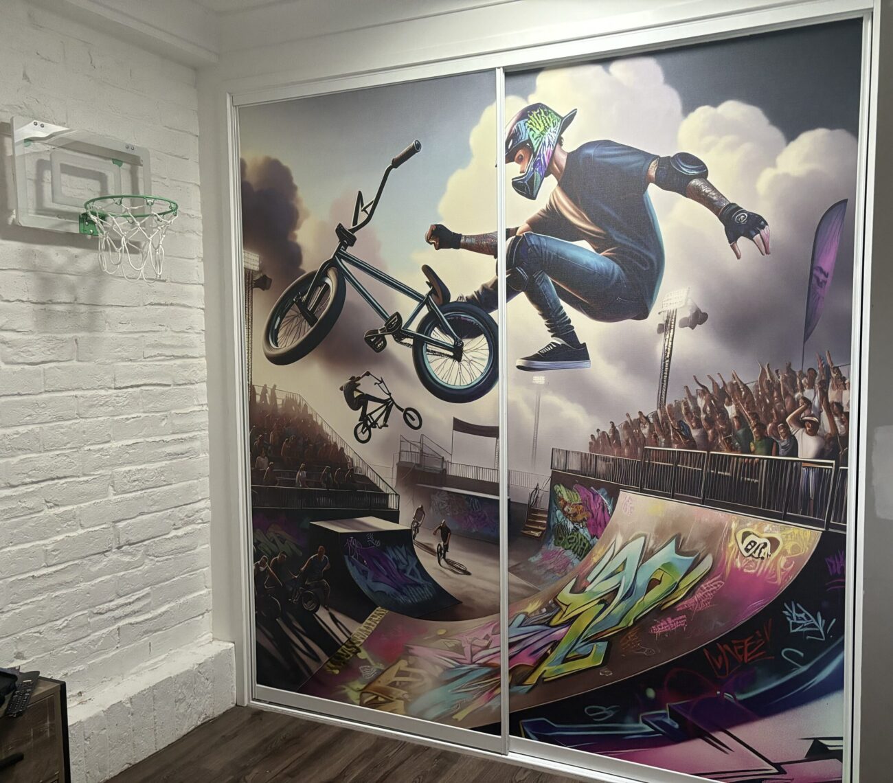 Tweens custom wallpaper of BMX rider on wardrobe doors
