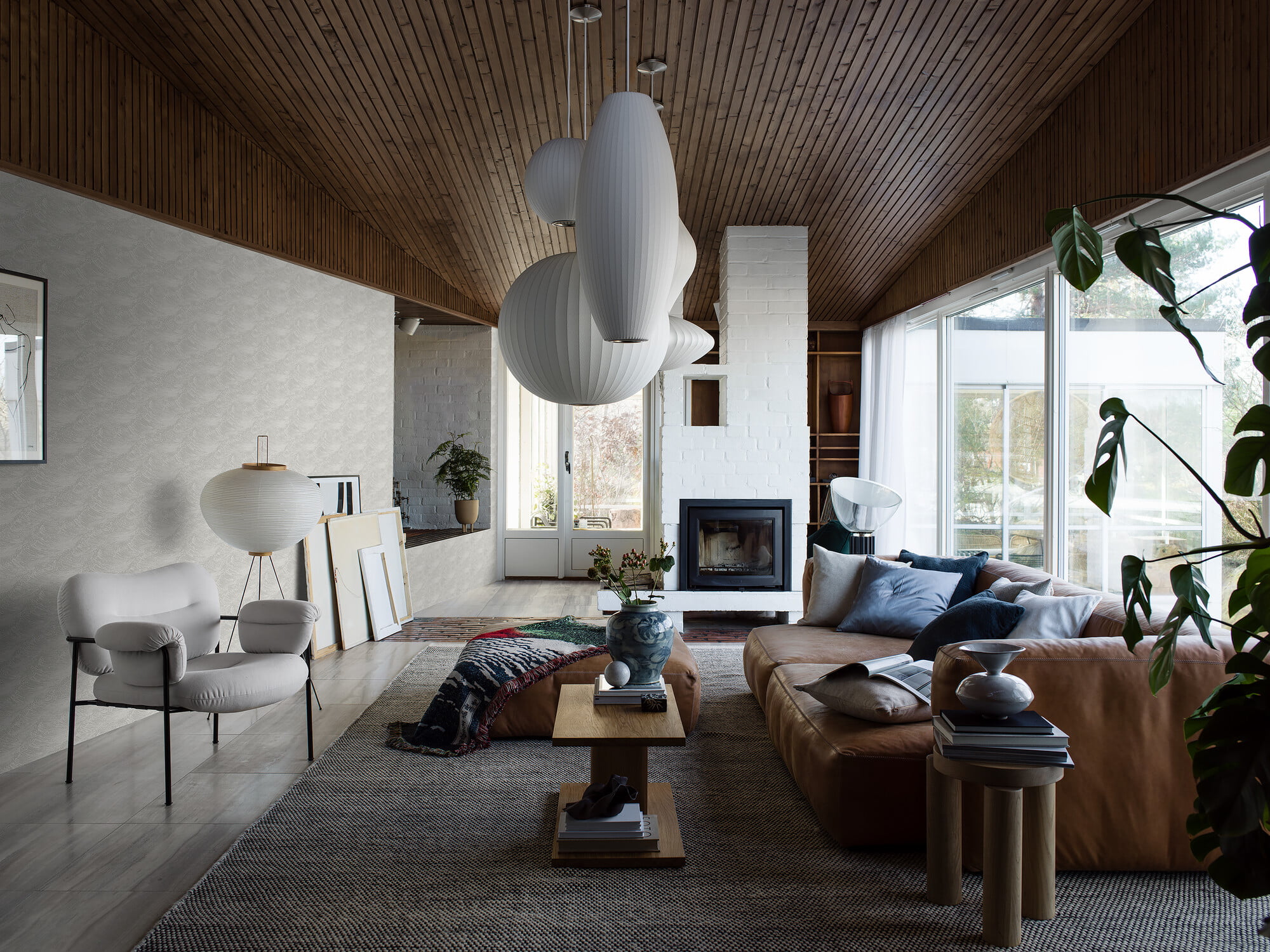 Japandi or coastal style white wave wallpaper