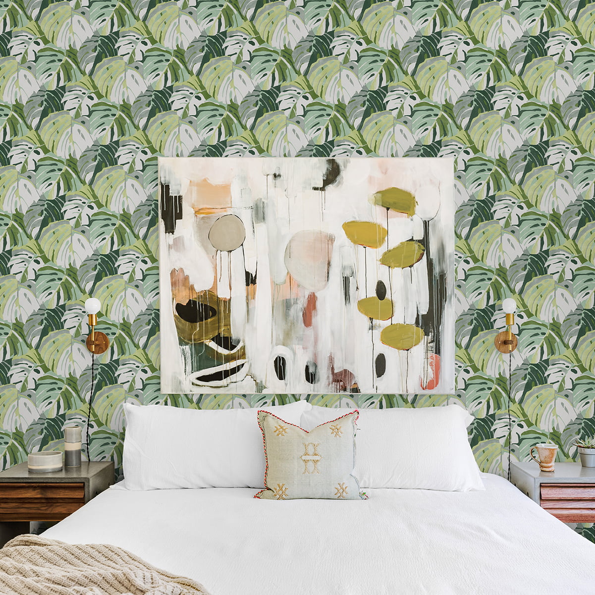 green monstera leaf bedroom wallpaper