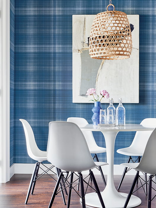 Tartan wallpaper blue dining room