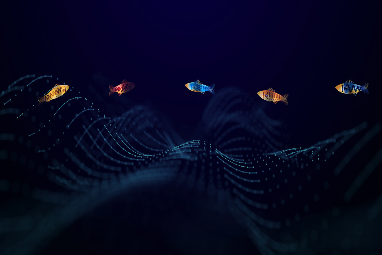 Digital mural in dark navy with bright coloured fish soundproof wallpaper