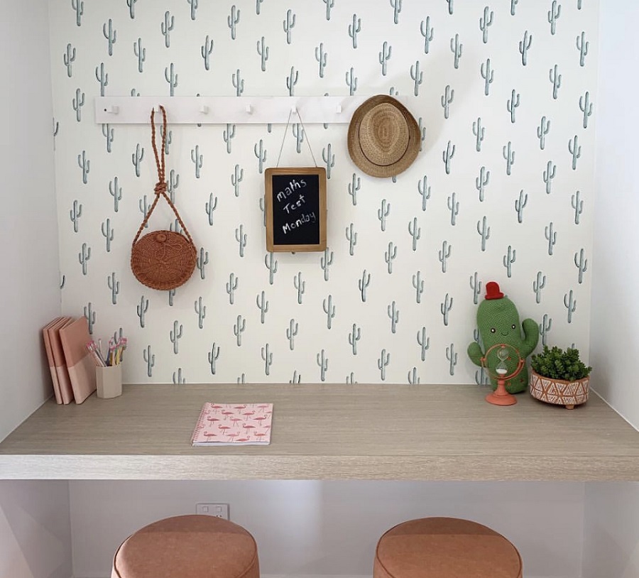 fun modern cactus wallpaper in study niche
