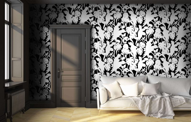 Black and white wallpaper of cockatoos by Florence Broadhurst