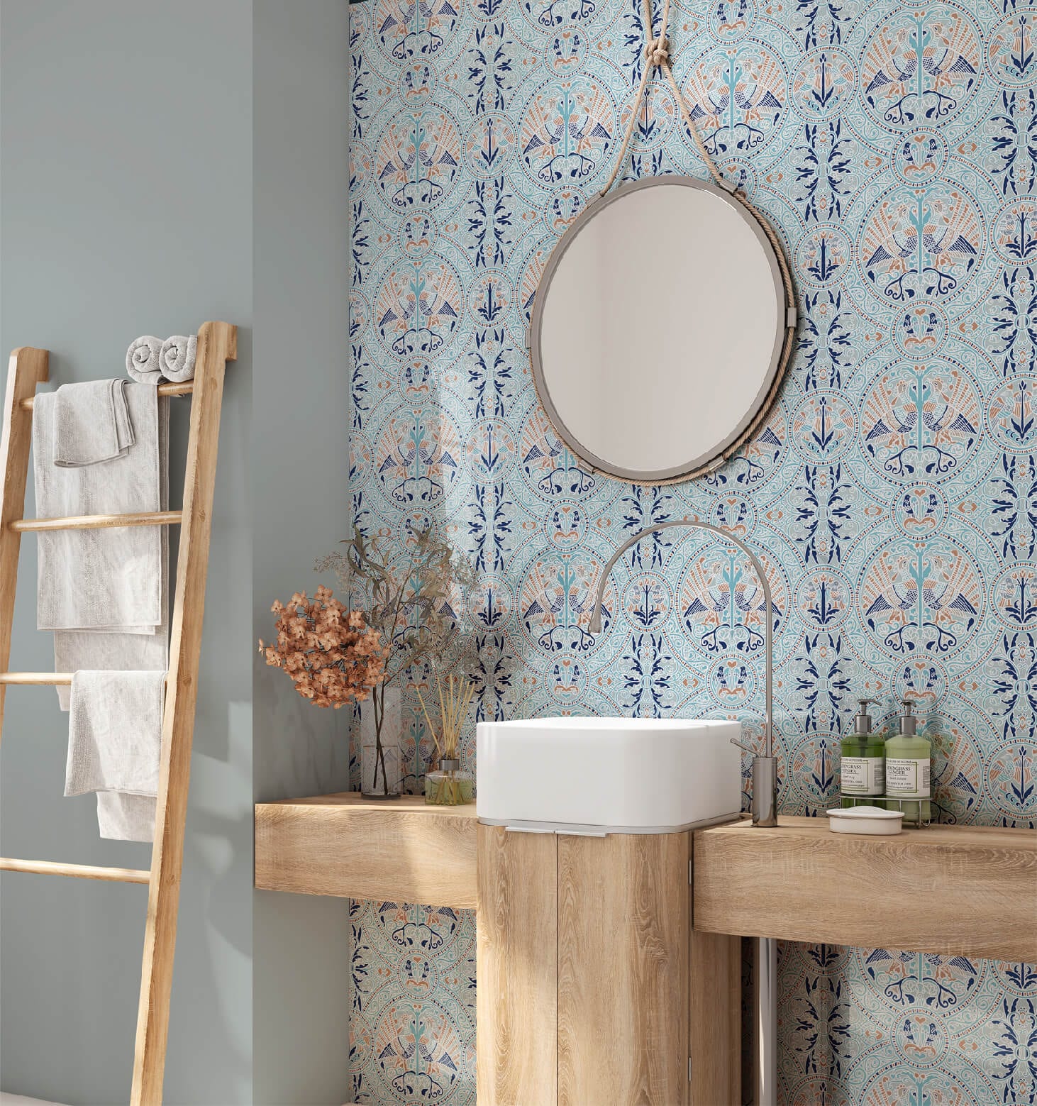 florence broadhurst blue wallpaper in an elegant bathroom