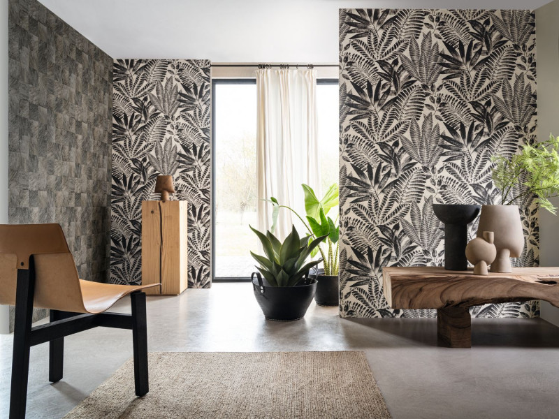 2 wallpaper in 1 room - abale patchwork square pattern and Aloes a tropical leafy pattern