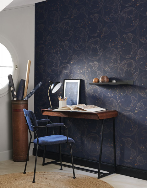 Galilee blue night wallpaper perfect for an office with its vintage style globes