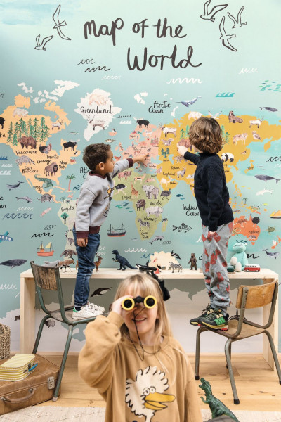 Kids world map wallpaper mural. Fun wallpaper for a kids room.