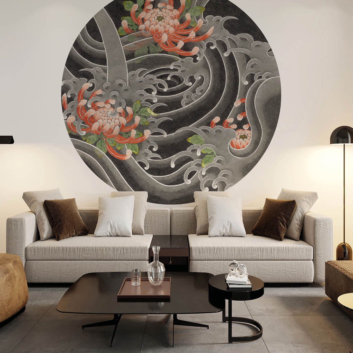 Kiku Sui is Chrysanthemum flowers in Japanese. This black wallpaper mural is made in a circle