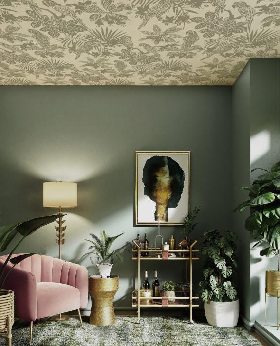 Green room. Wallpaper on the ceiling