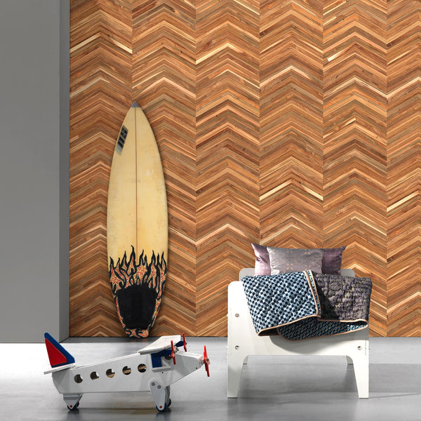 Super cool wallpaper idea of a wood look wallpaper laid in a chevron or herringbone pattern