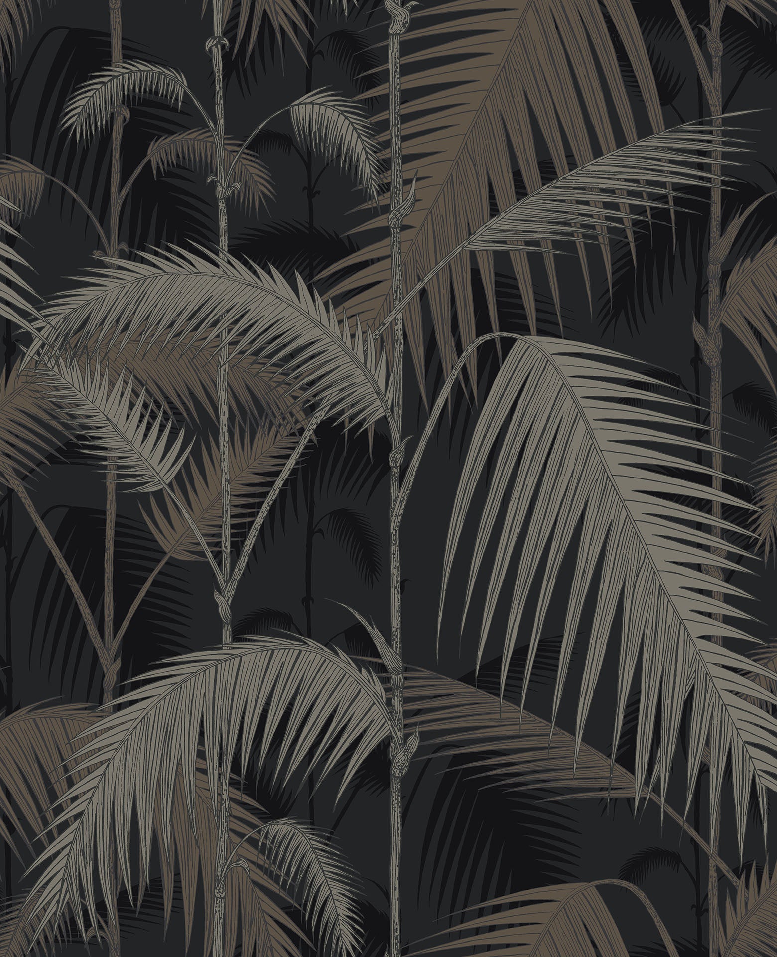 Metallic Gilver on Charcoal wallpaper of palm leaves. Elegant timeless wallpaper pattern