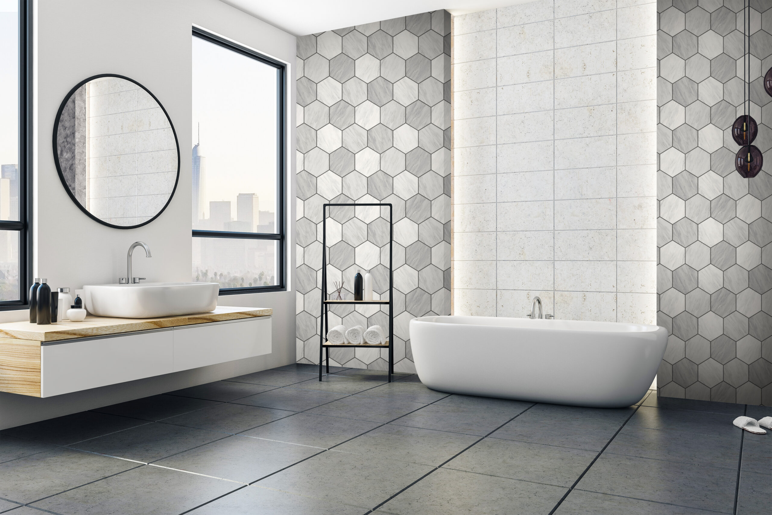 Wallpaper that looks like bathroom tiles. White and grey with black lines