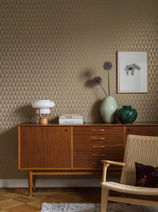 Mid Century modern styling with geometric wallpaper