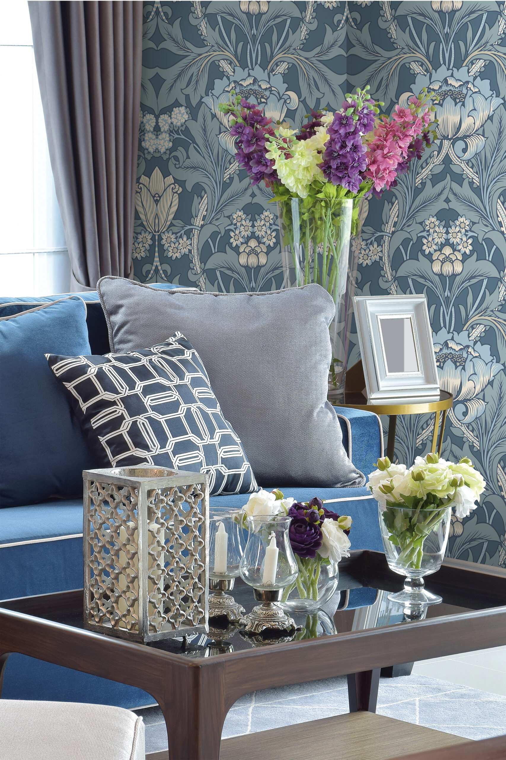large flower blue wallpaper in traditional style. Classical looking living room setting