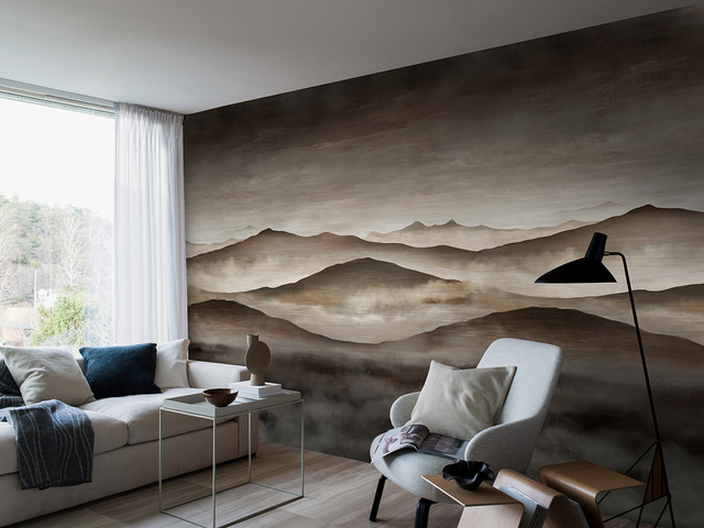 Shades of brown mountains feature in this watercolour inspired landscape wallpaper mural