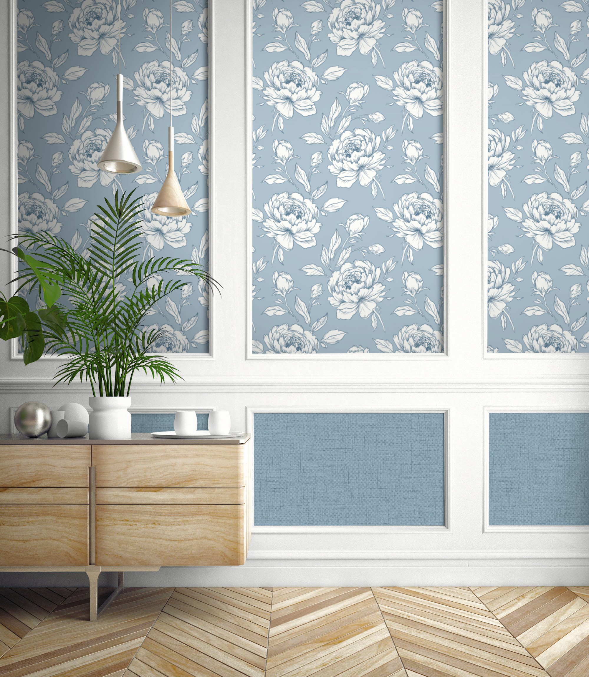 2 different blue wallpapers used in timber panels