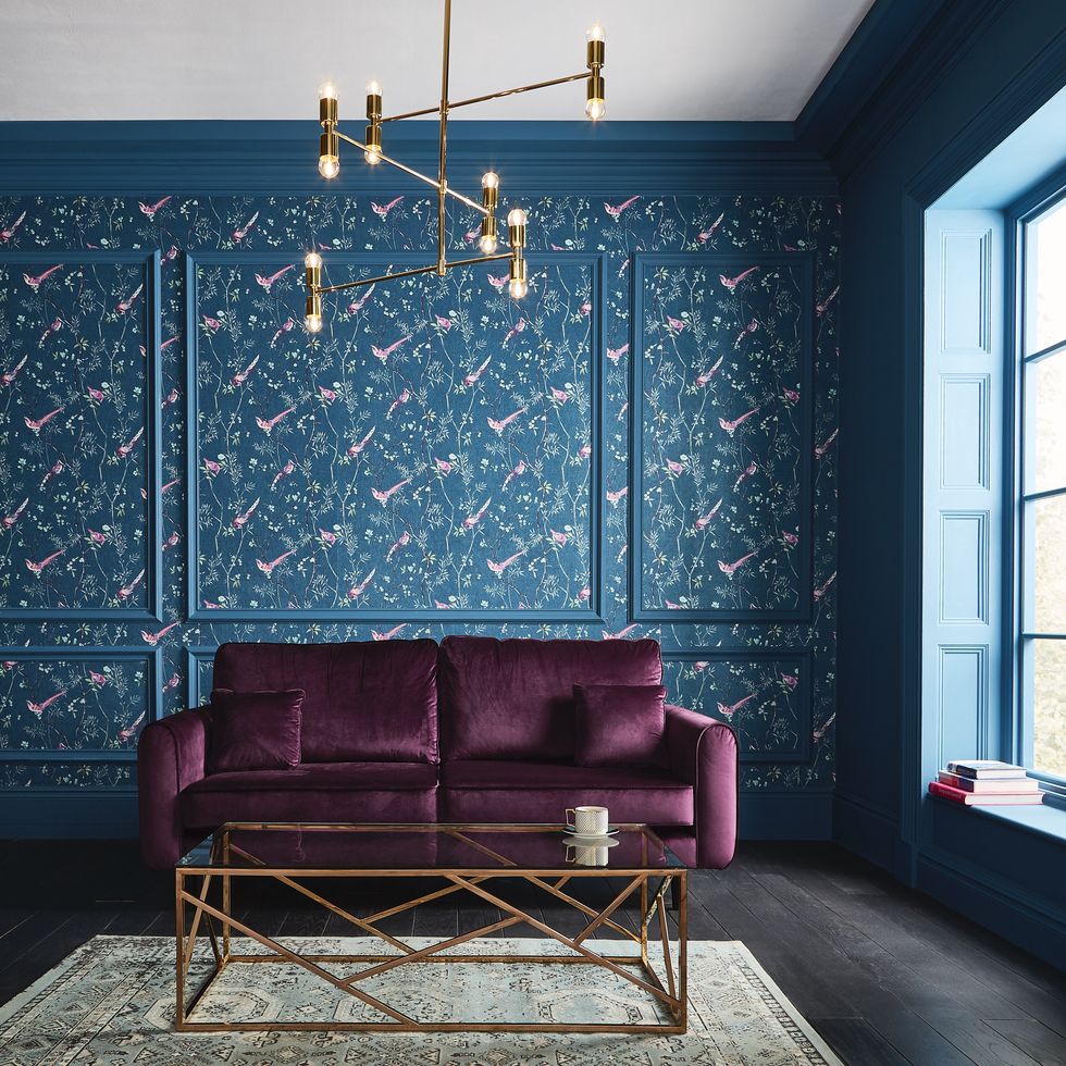 Graham and Brown bird wallpaper with timber panels