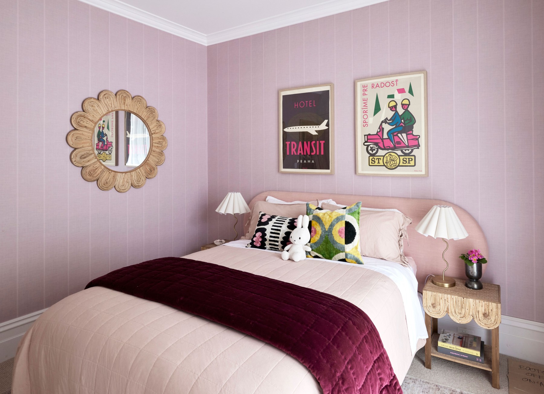 Pink stripe wallpaper in The Block kids room by Graphico