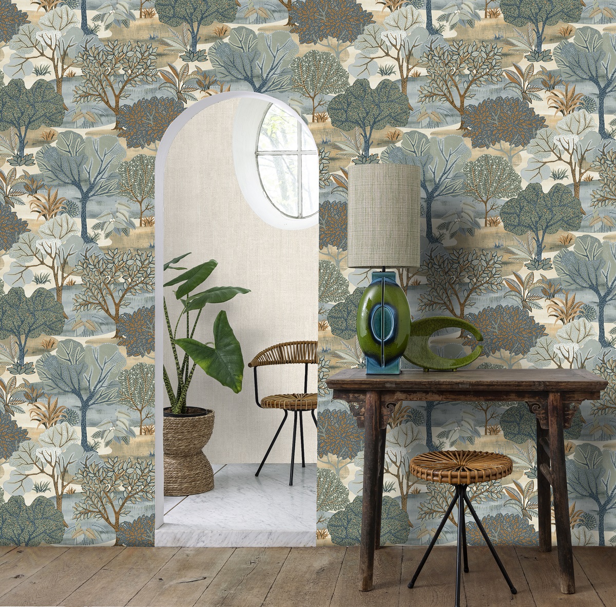 Blue Park trees feature wall wallpaper in a modern home with curved arch