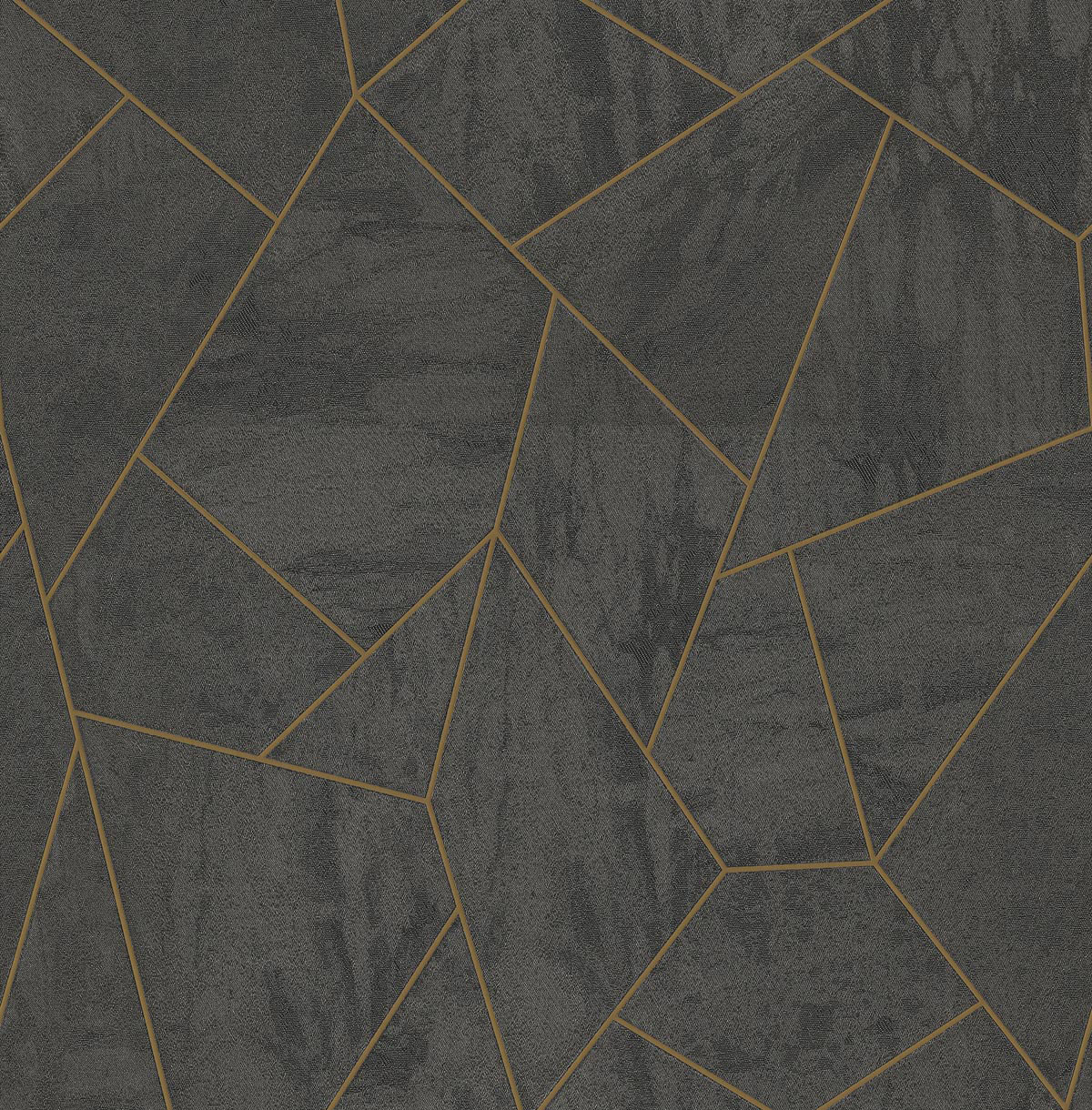 Charcoal almost black wallpaper with a fabric like velvet effect featuring gold abstract lines