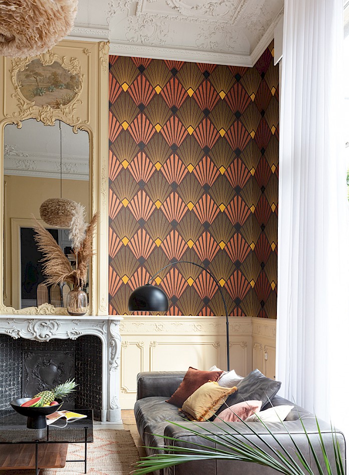 Art Deco inspored large scale patterned wallpaper above timber trims