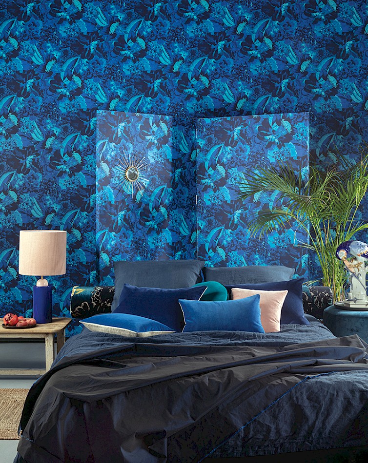 Frida wallpaper is electric blue large scale floral patterned wallpaper
