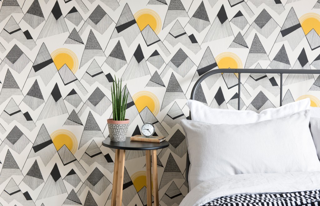 Bedroom with Mountains Sunrise wallpaper a fun monochrome with a yellow sun rising over landscape