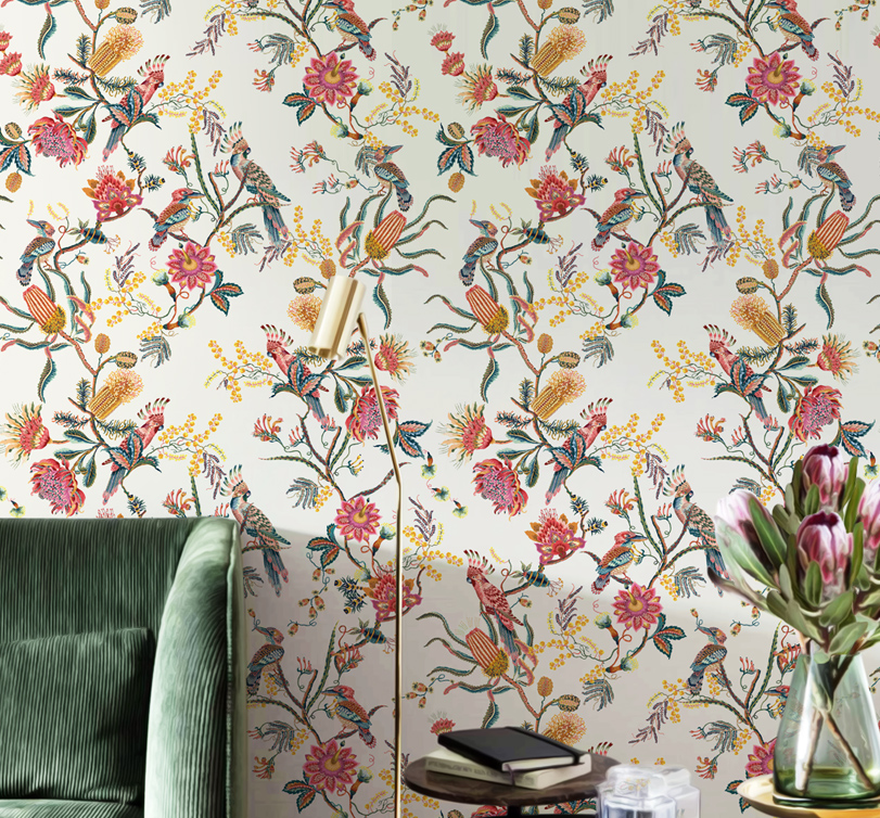 Australiana botanical wallpaper seen in a modern living space