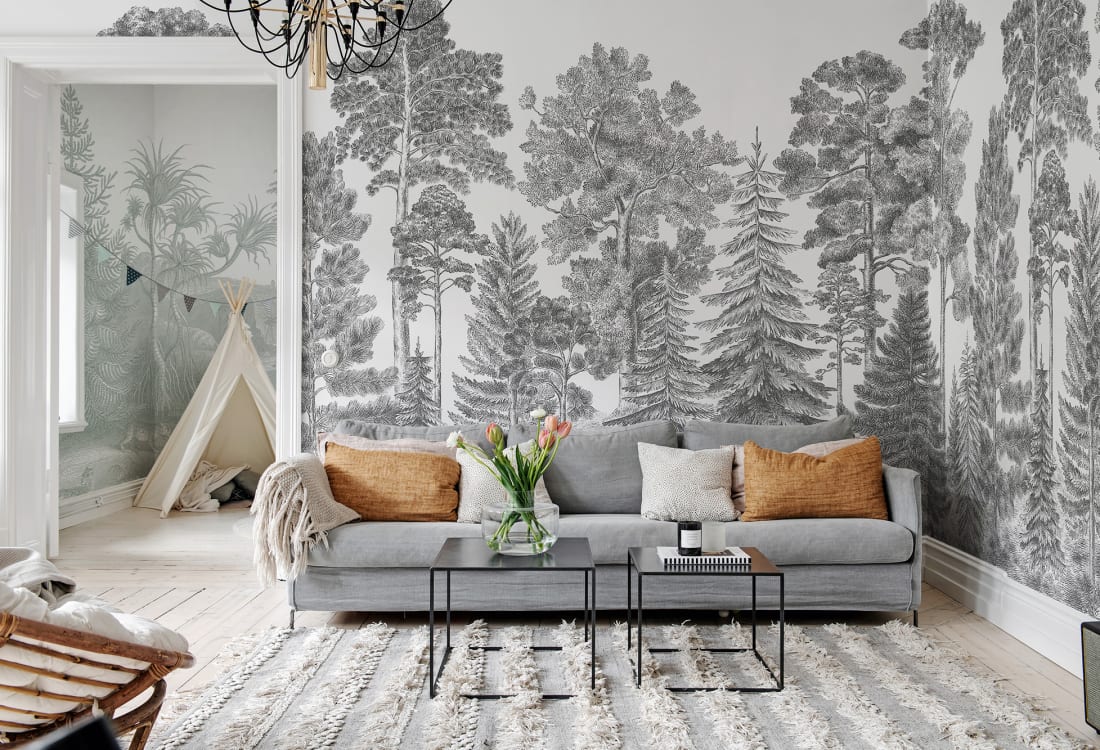 Wallpaper murals wrapping around the whole room