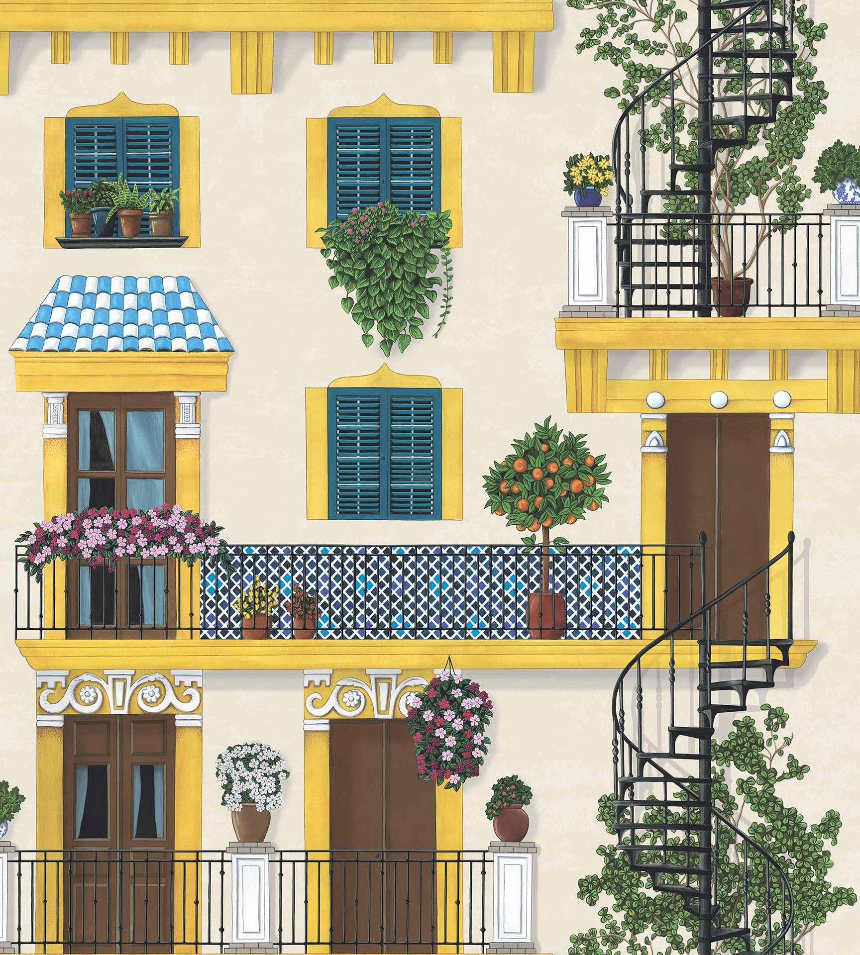 Wallpaper inspired by a Spanish building with orange trees and other plants
