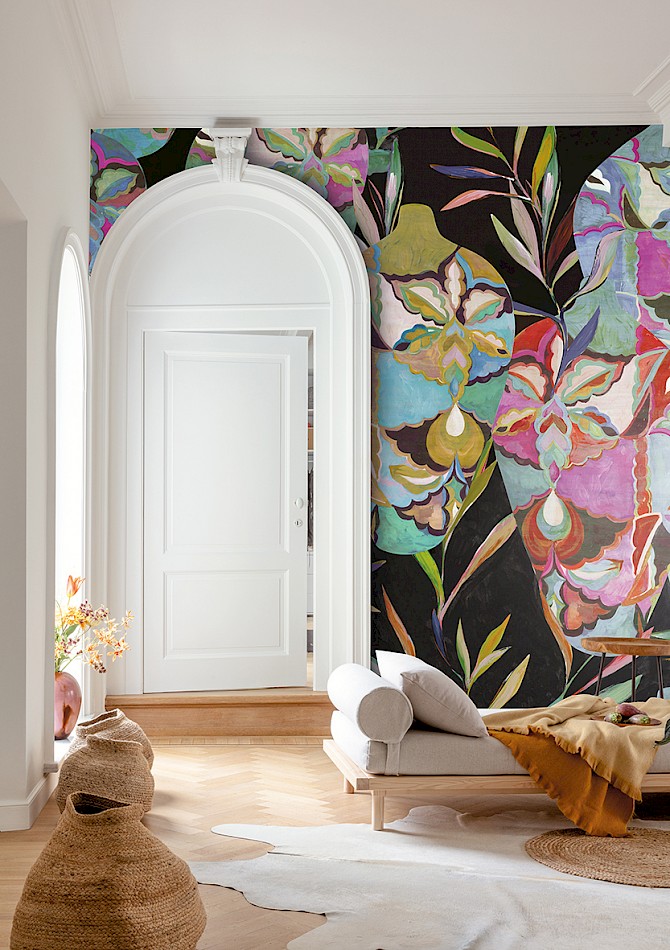 Amphor Maroc hand drawn style floral wallpaper mural in bold colours