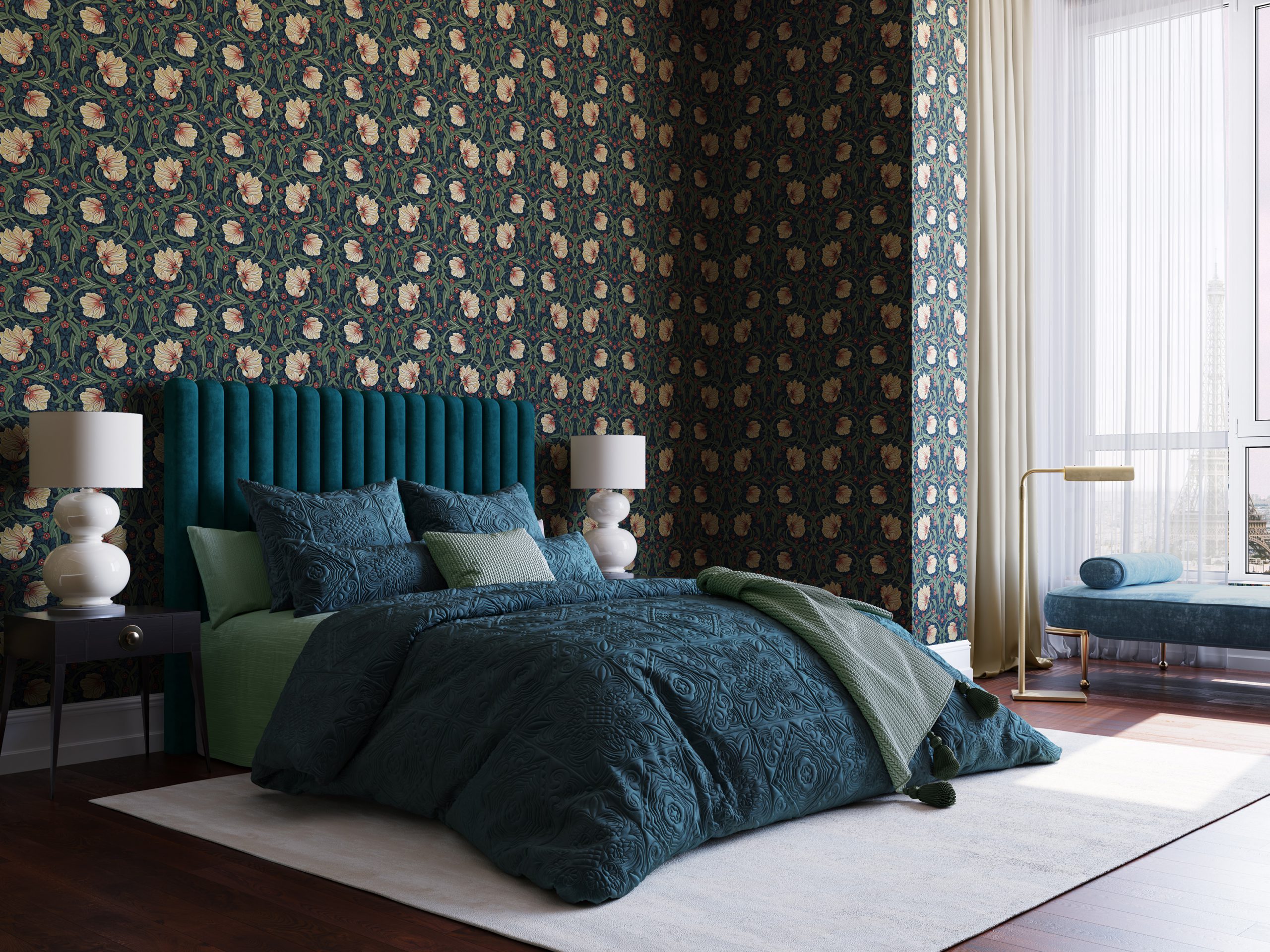 Pimpernel dark wallpaper in a moody styled bedroom