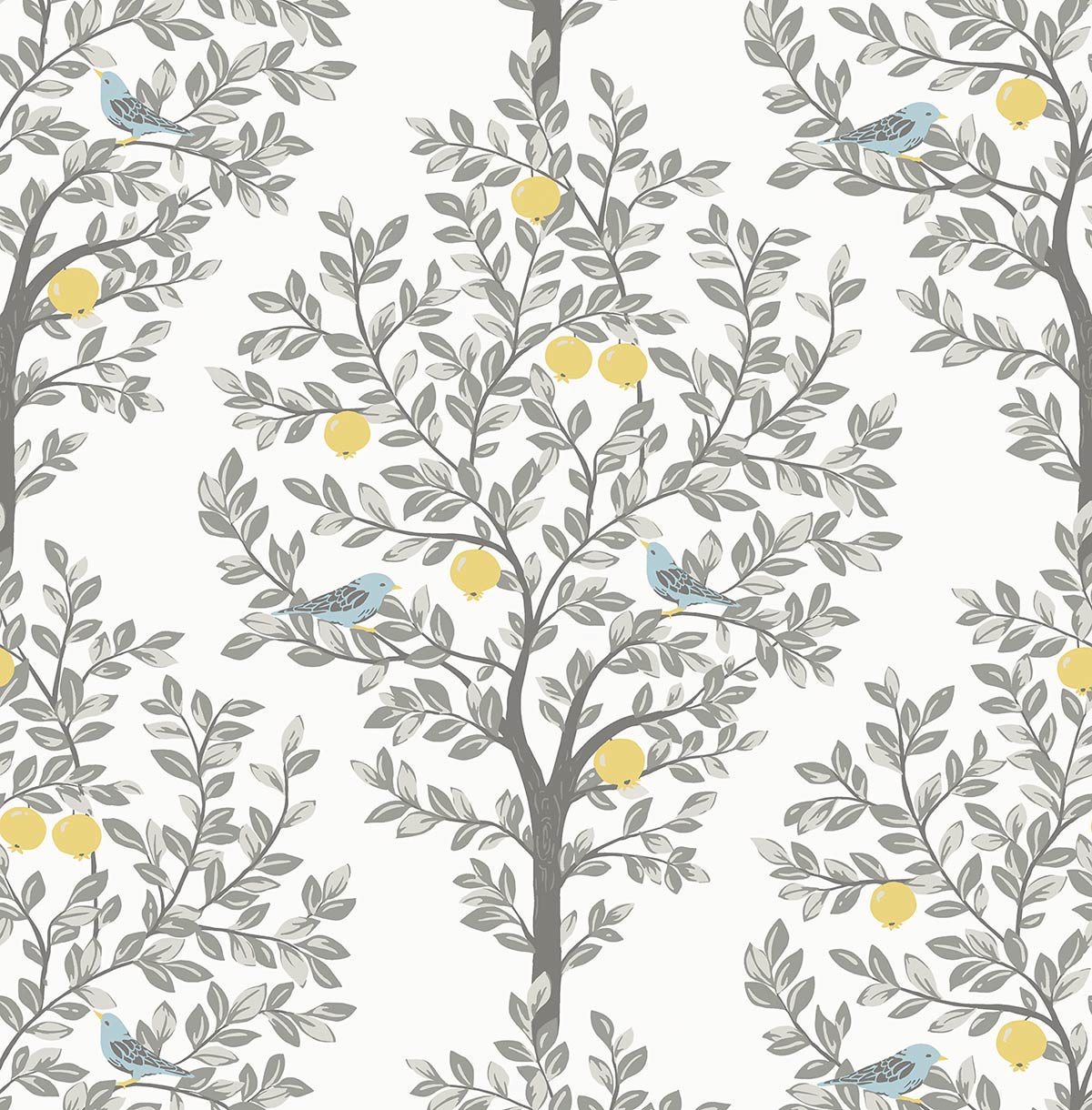 Grey trees on a white background. Wallpaper of fruit trees with small birds