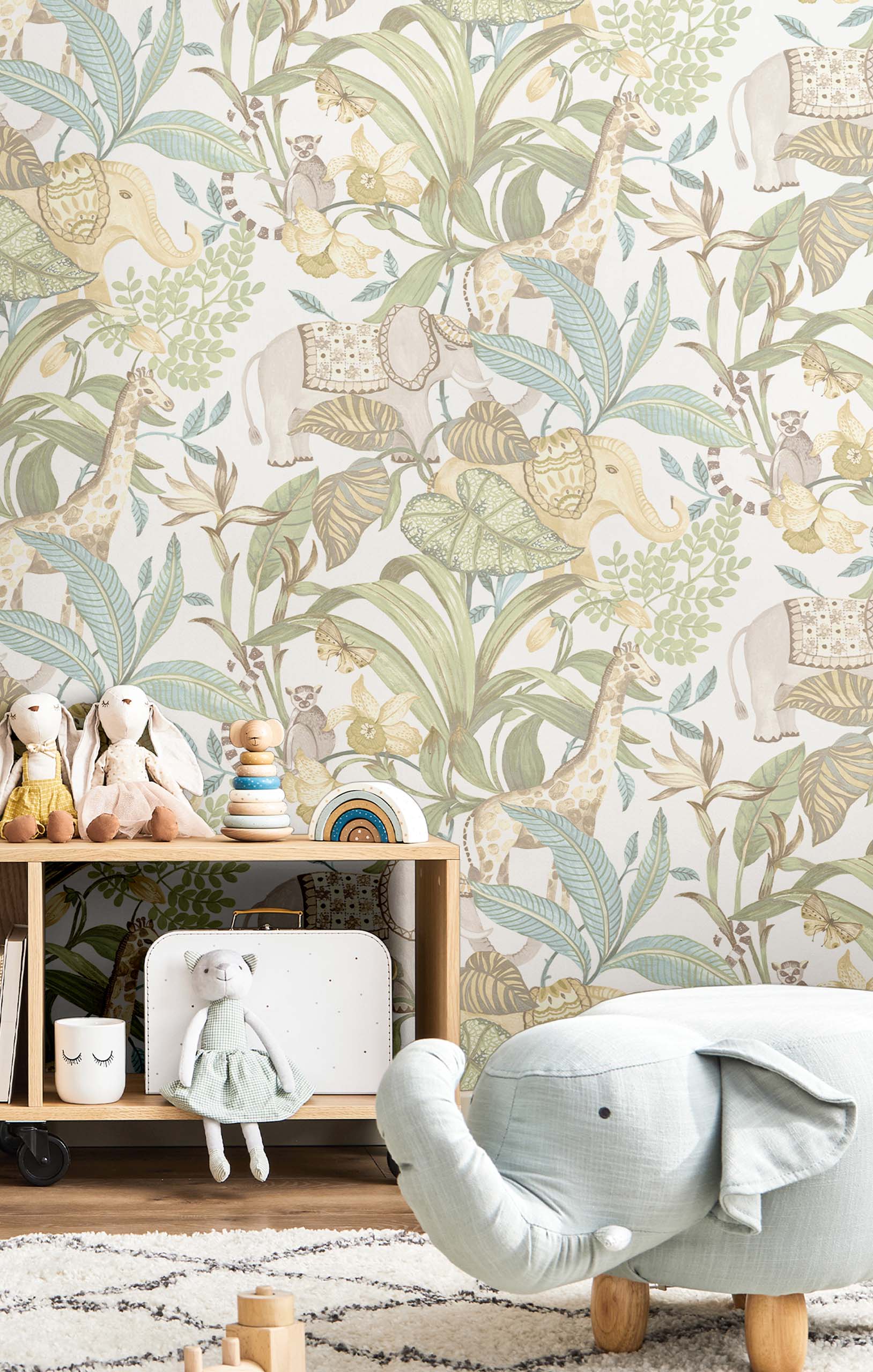 A childrens playroom with Savana jungle animal wallpaper