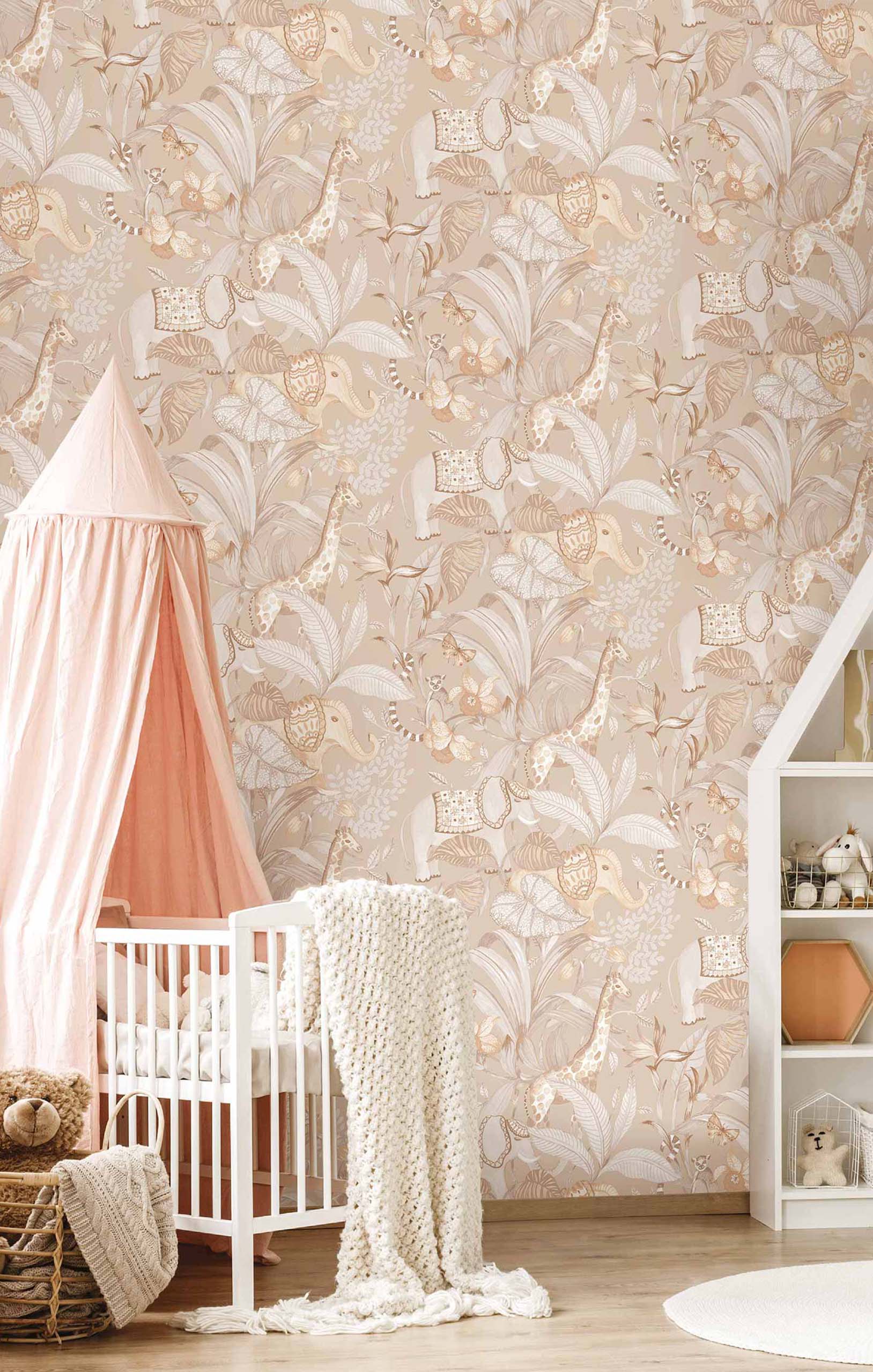 Contemporary nursery with Savana jungle wallpaperin a soft clay neutral colour