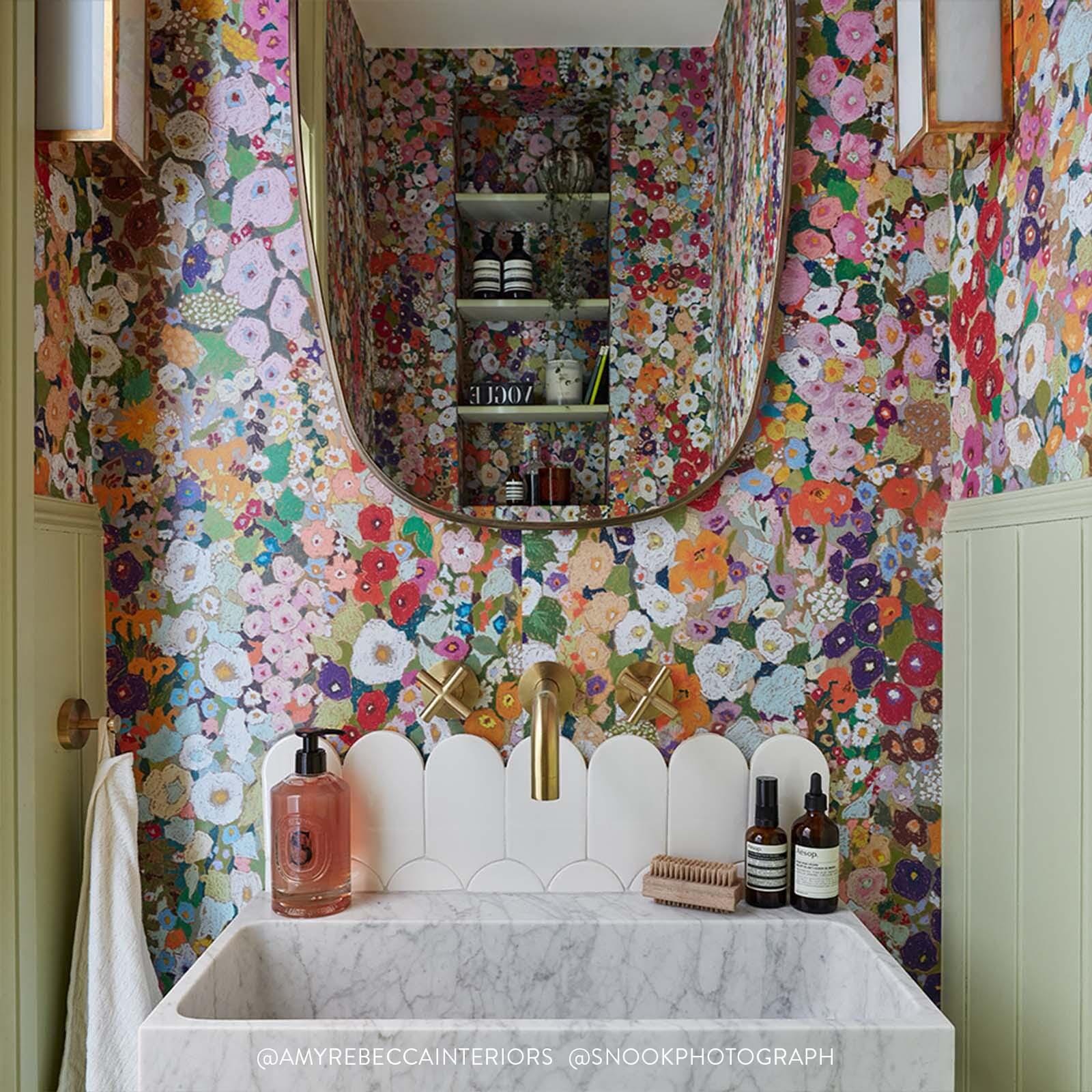 Powder room with lush Spring flowers wallpaper