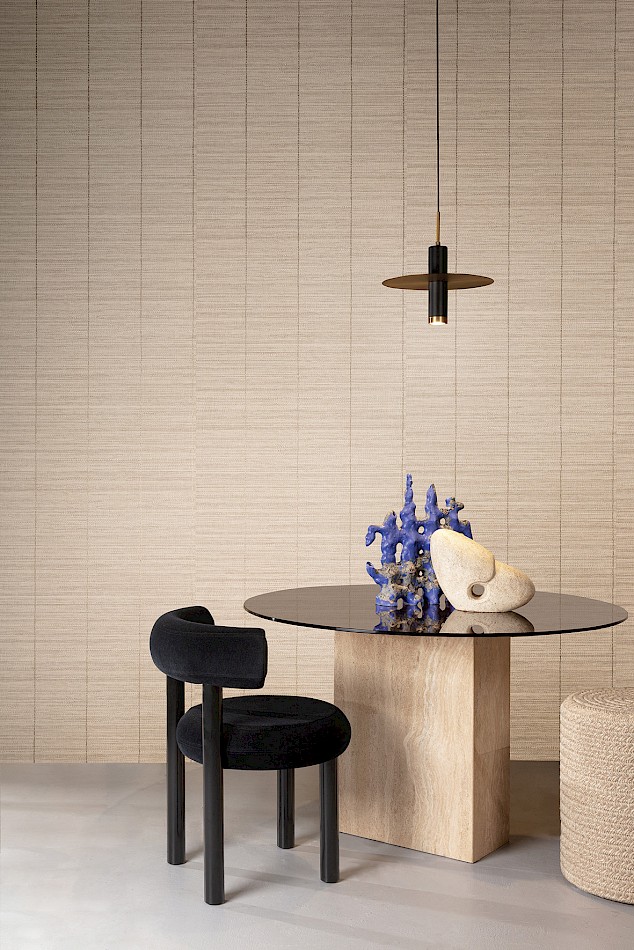 Safia faux sisal wallpaper in creamy ivory with a stripe seen in a contemporary dining room