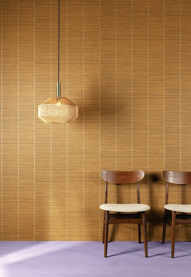 Safia Peru faux sisal striped wallpaper in a styled room shot