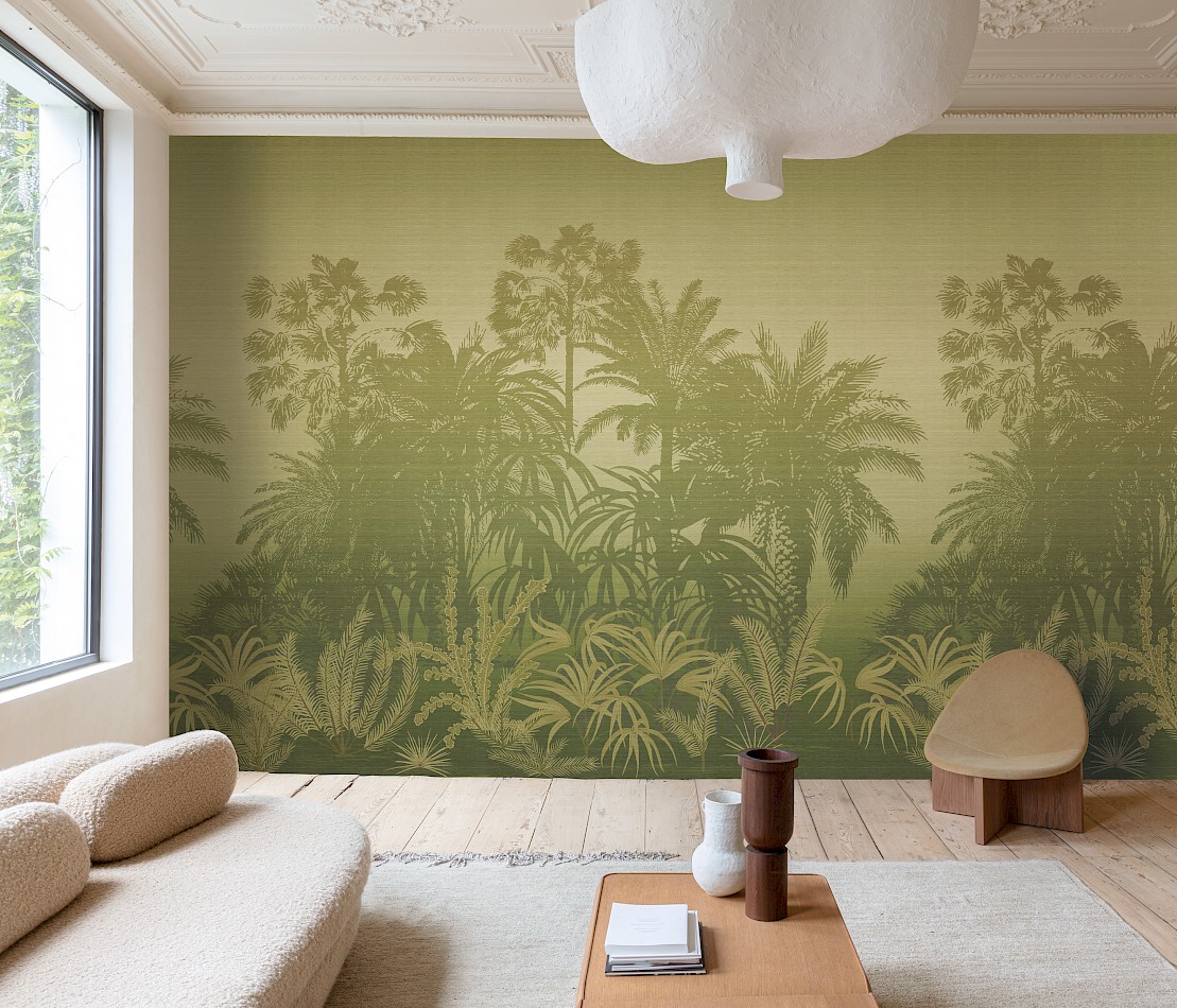 Awarra oasis wallpaper mural in green jungle style seen in a contemporary living room