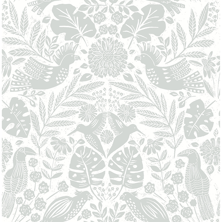 Light grey block printed wallpaper in a fun yet traditional bird damask