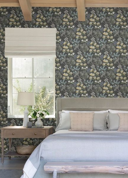 Country style bedroom featuring Cultivate floral wallpaper in grey