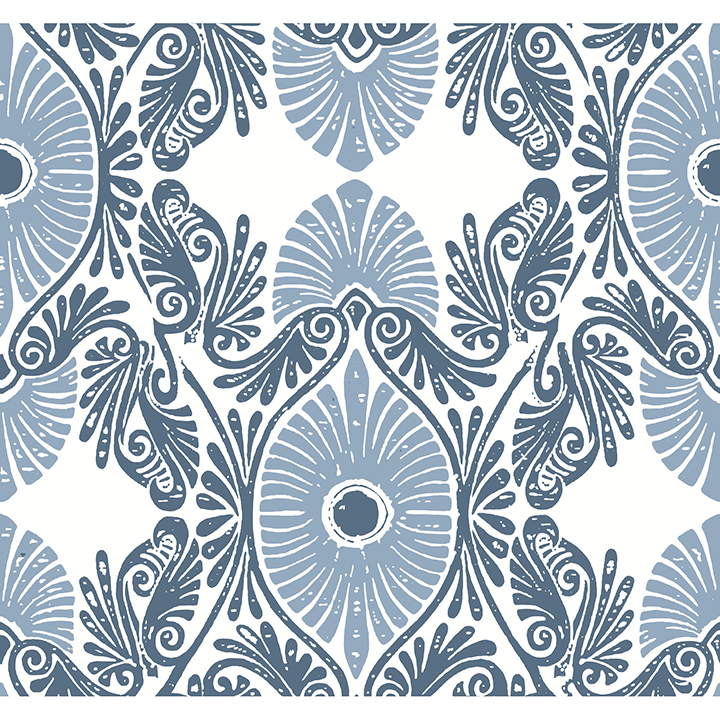 blue Villa wallpaper in a floral damask scrolling style pattern