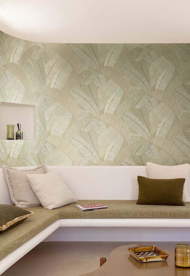 Banyan Elm oversized leaf wallpaper pattern in waiting room area