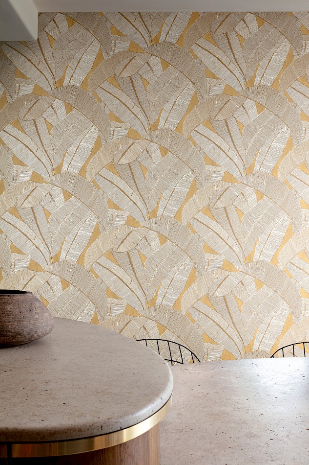Banyan Honey wallpaper in a super modern stone kitchen
