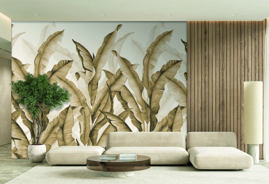 Modern living room featuring large scale palm leaves mural