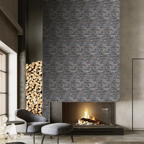 Brick wallpaper on a tall fireplace
