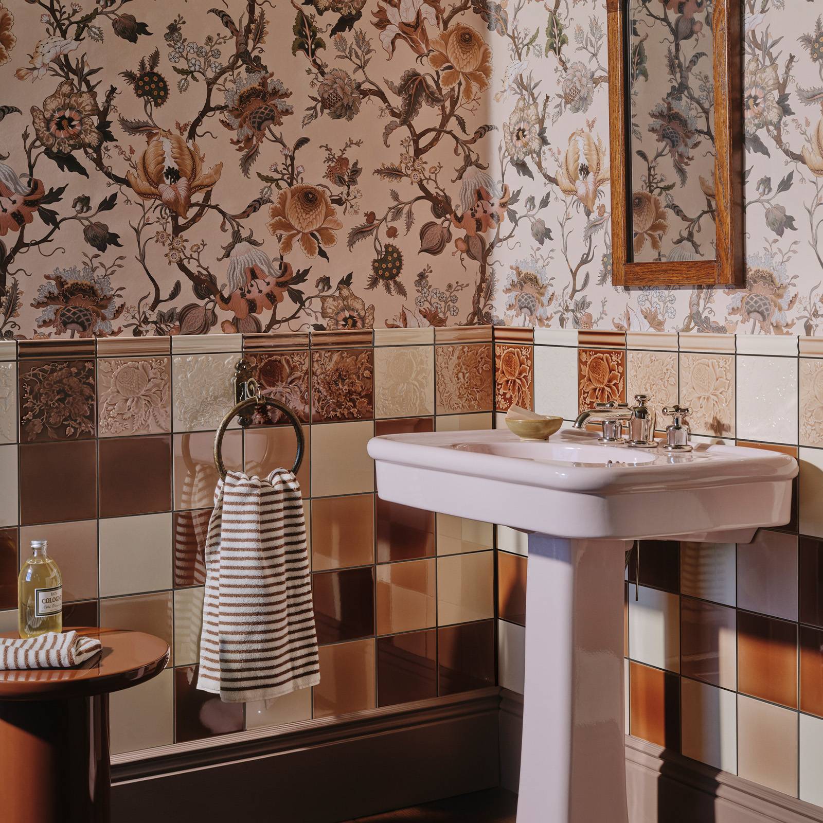 Artemis blush pink wallpaper of vintage flowers in a bathroom